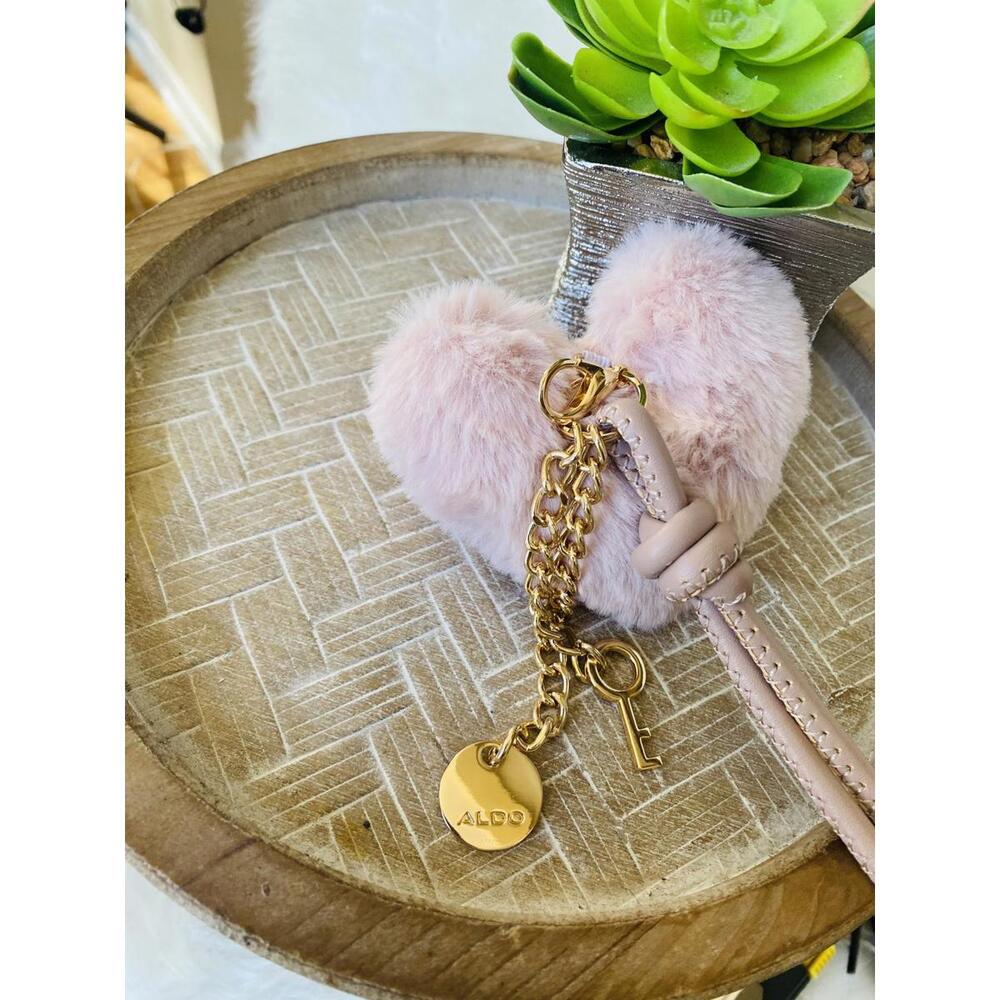 ALDO Pink Furry Heart Keychain with Gold Chain and Charms